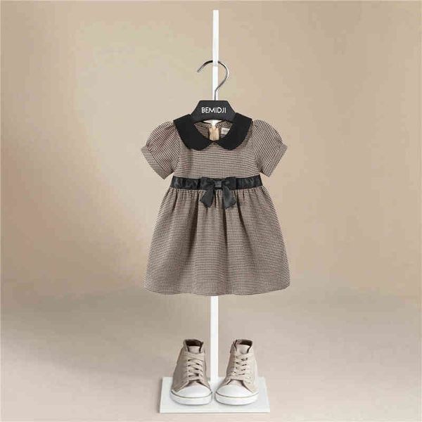 Новый продукт простые щедрые девушки платье принцессы оценочный с коротким рукавом милое детское платье с талией -луком детские платья для девочек G220506
