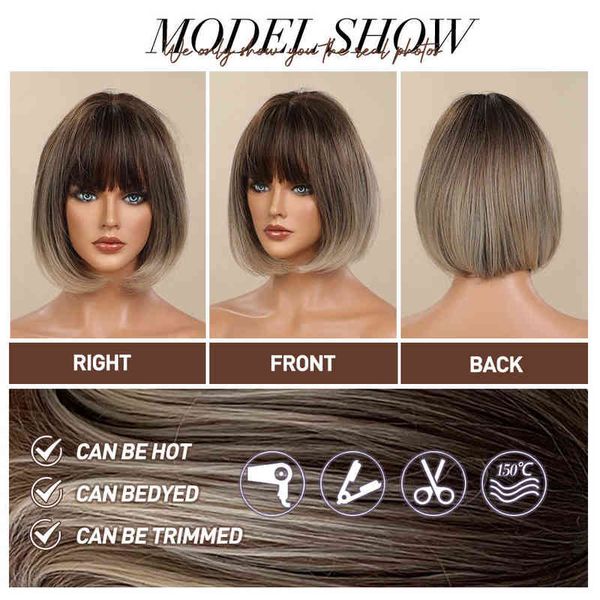 

onenonly short bobo wig ombre brown blonde gray synthetic wigs with bangs cosplay natural daily hair for women heat resistant 220622, Black