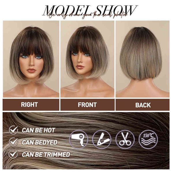 Onenonly Short Bobo Wig Ombre Brown Blonde Grey Синтетические парики с челками косплей Натуральные ежедневные волосы для женщин с термостойкими 220622