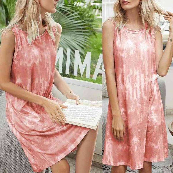 

new women summer fashion o neck sleeveless tie dye color loose knee-length tank vest beach dress l220705, Black;gray