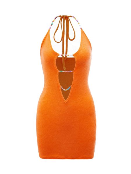 

beaded detail cut out tie backless halter bodycon dress i1no#, Black;gray