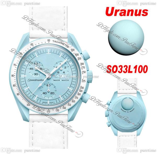 

bioceramic moonswatch swiss quqrtz chronograph mens watch so33l100 mission to uranus 42 real blue ceramic bright white nylon strap with box, Slivery;brown