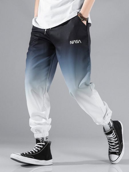 

men letter graphic ombre drawstring pants s1mg#, Black