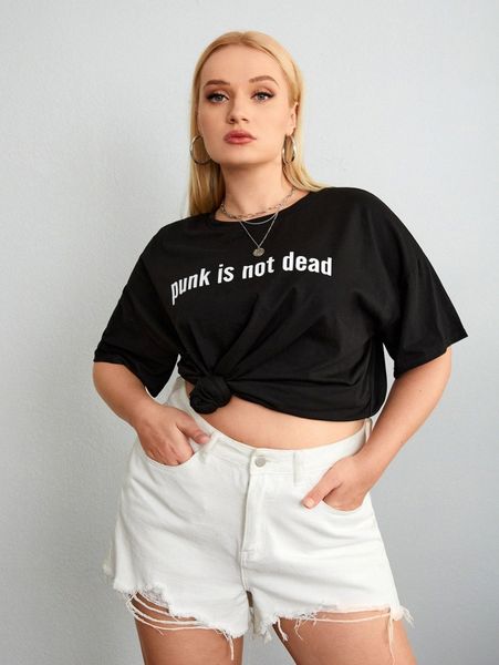

plus slogan print drop shoulder tee r0nv#, Black