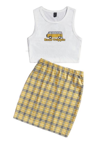 

x ellen carty cartoon tank & p.laid s.kirt j5hc#, White