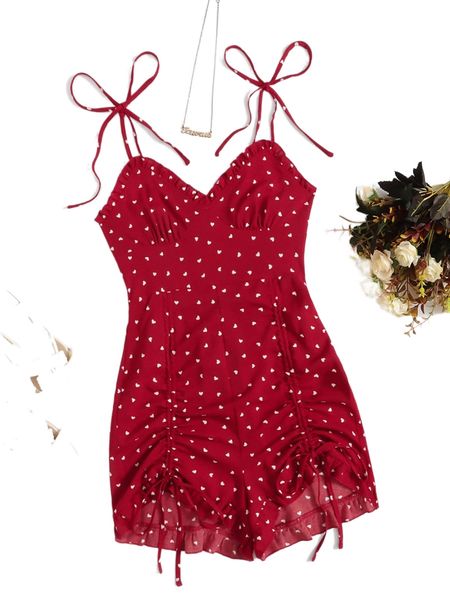 

confetti heart print tie shoulder drawstring ruffle hem cami romper l1tb#, Black;white