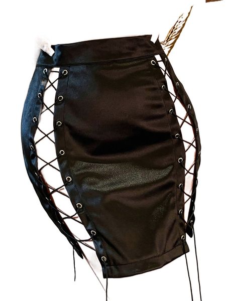 

high waist grommet lace up side satin skirt m9ri#, Black