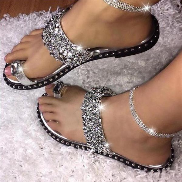 

slippers 2021 summer women shoes beach sandals bling crystal outdoor flip flops female gold black sliver color plus size200n357c