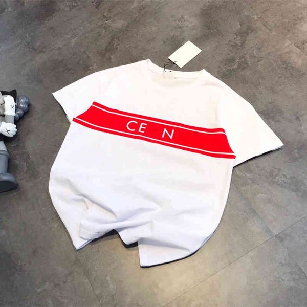 

factory direct sales 50% off cel summer new fashion cotton round neck red stripe letter printed t-shirt men's and women's lovers&#, White