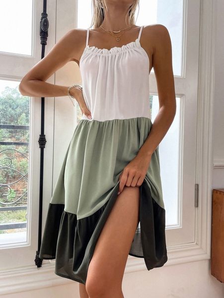 

color block ruffle hem cami dress 17mu#, Black;gray