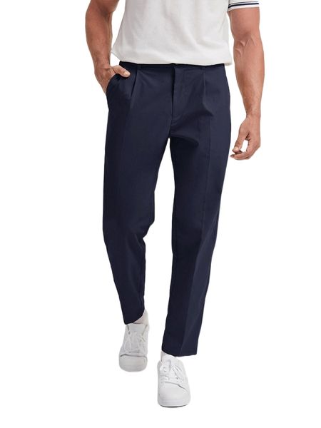 

men solid fold pleated pants s60g#, Black