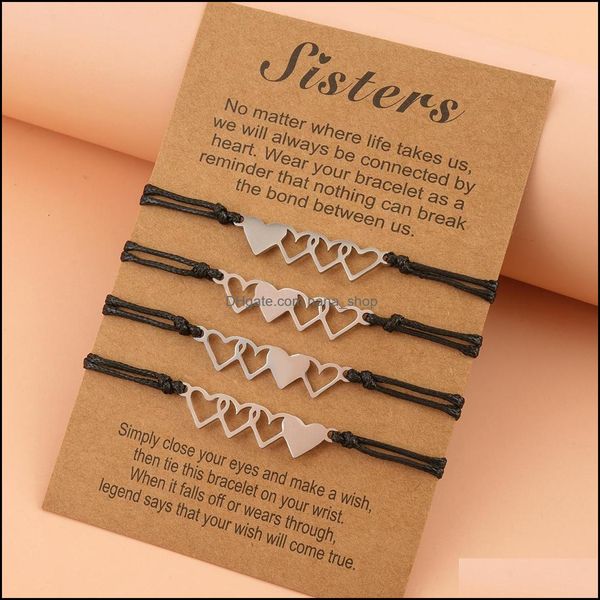 

link chain bracelets jewelry friendship couples 4pcs/set love heart stainless steel sisters bracelet bead bangles women man lucky wish drop, Black