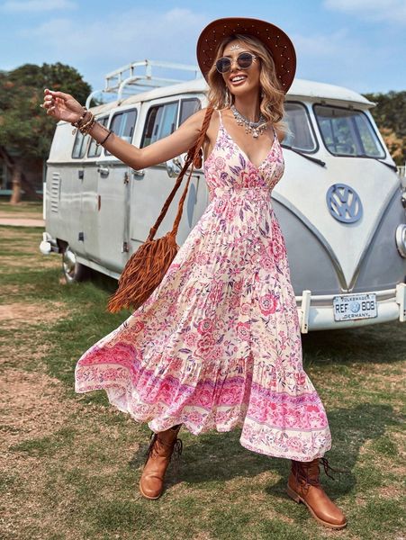 

floral shirred waist tie back ruffle hem cami dress m5lm#, Black;gray