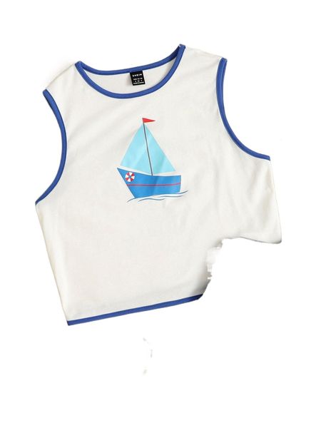

sailboat print contrast binding tank l5is#, White