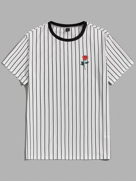 

men striped & floral print contrast binding tee r6p2#, White;black