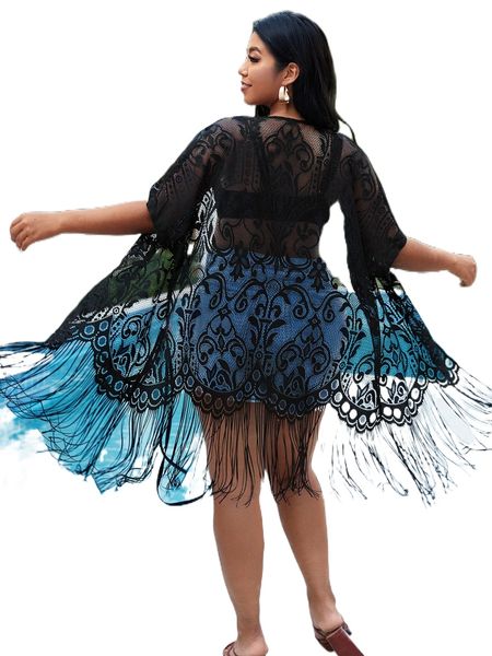 

plus fringe trim lace kimono y7vu#, Black;gray