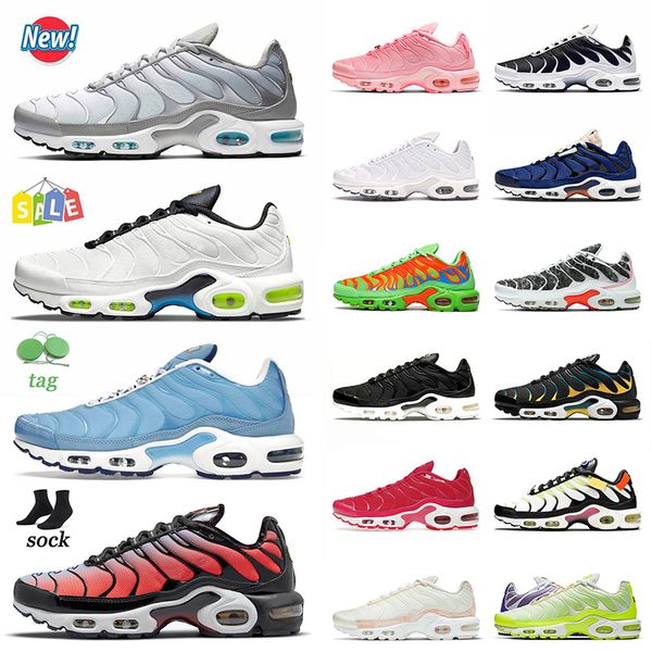 

authentic sports plus tn cushion running shoes smoke grey university blue shattered ice black neon green black white tennis sneakers trainer