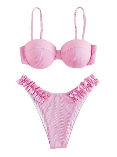 

plain frill trim push up bikini swimsuit p3r7#, White;black
