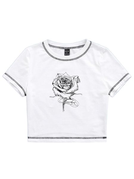 

x cassi walsh rose print stitch detail tee e9m3#, White