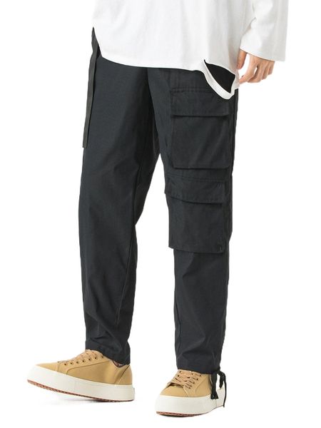 

men flap pocket knot hem cargo pants 57xt#, Black