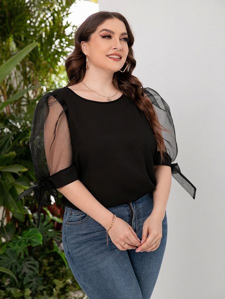 

plus mesh sleeve knot cuff blouse g9be#, Black