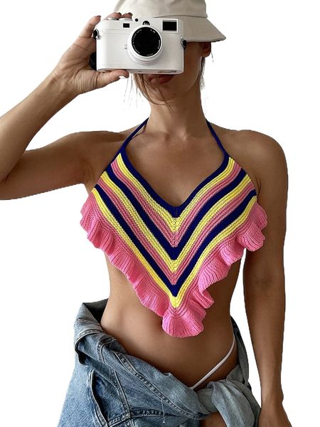 

chevron pattern ruffle hanky hem halter cover up c4kd#, White;black