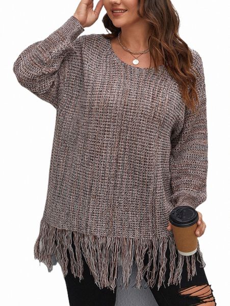 

plus fringe trim drop shoulder sweater e9ih#, Black