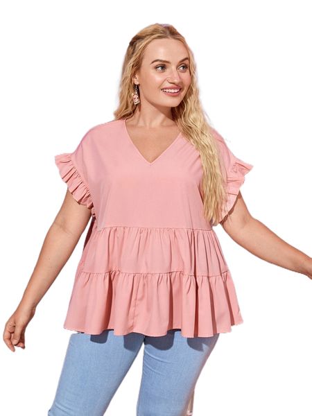 

plus solid ruffle trim babydoll blouse l7d3#, Black