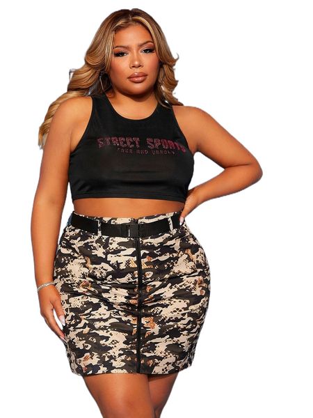 

sxy plus camo print zip up skirt with belt v6l9#, Black