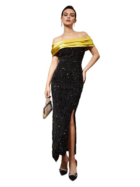 

off shoulder colorblock slit thigh sequin dress g8gr#, Black;gray