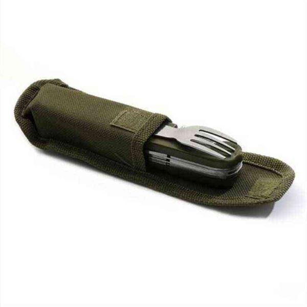 Army Green pieghevole portatile in acciaio inox campeggio picnic posate coltello forchetta cucchiaio apribottiglie posate da tavola kit da viaggio Y220530