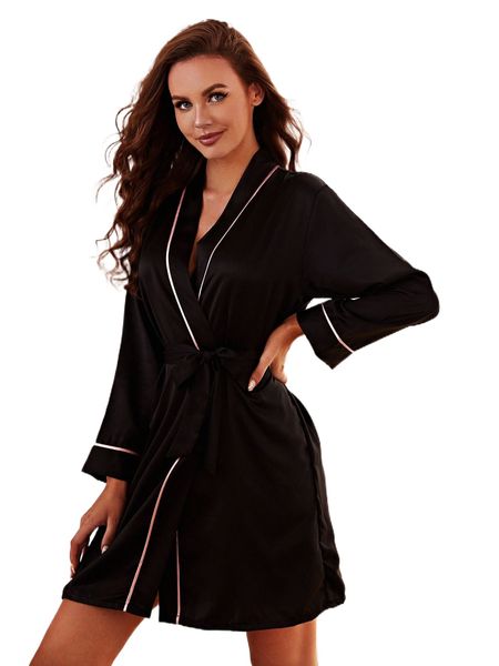 

contrast binding belted satin night robe f3tp#, Black;red