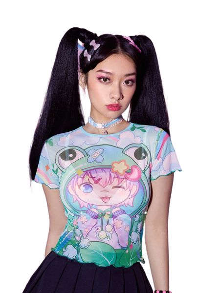 

romwe cartoon figure print mesh without bra p832#, White