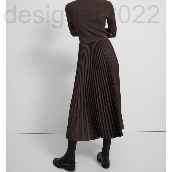

casual dresses designer spring and summer women's theoy caramel knitted wool stitched pleated skirt with 5-point sleeve long bottom 4i2, Black;gray