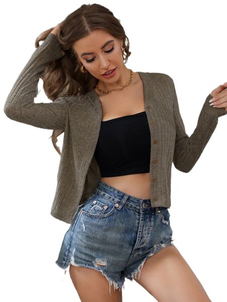 

rib knit button front jacket t2xd#, Black;brown