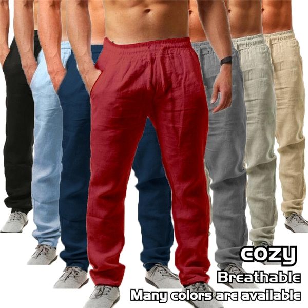 

natural linen comfortable beach anti uv men s casual pants elastic waist trousers 220720, Black