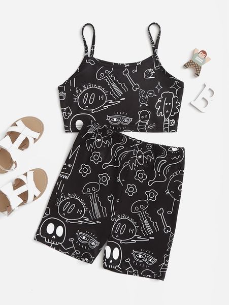 

girls cartoon graphic cami & biker shorts she, White