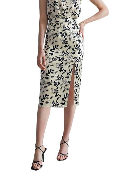 

motf premium 100% silk printed skirt r7cd#, Black