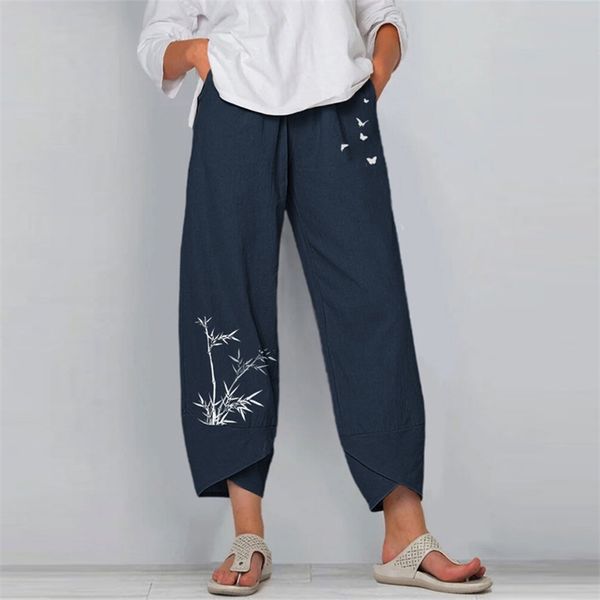 Calça de calça feminina de impressão vintage Moda Irregular Casual High Caist Elastic Straight Loose Loja Summer Lady Cargo Pantalon 220725
