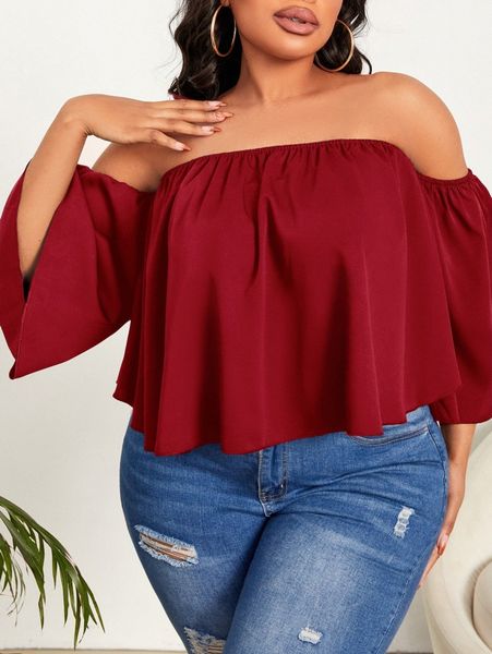 

sxy plus off shoulder solid blouse c9cs#, Black