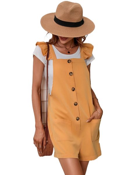 

ruffle trim dual pocket overall romper w0mz#, Black;white