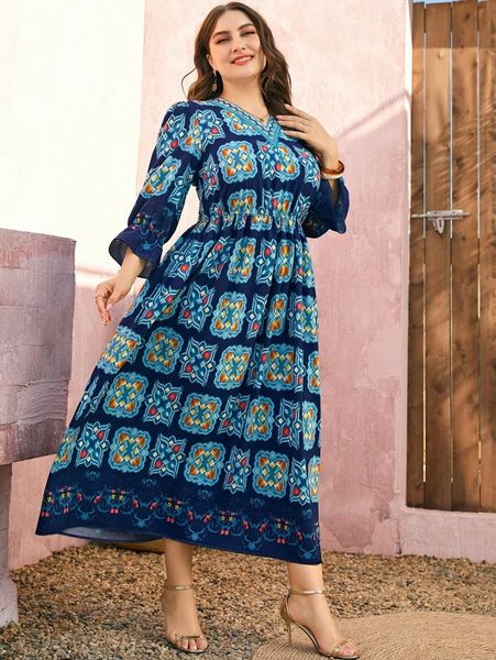 

plus mandala print flounce sleeve dress j0j7#, Black