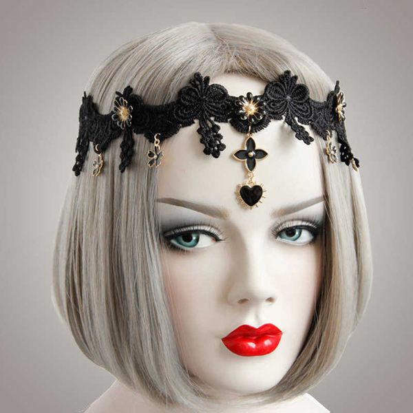 

vintage black lace headband with pearl flower halloween party temperament charcoal crystal beading floral elastic lace headbands, Silver