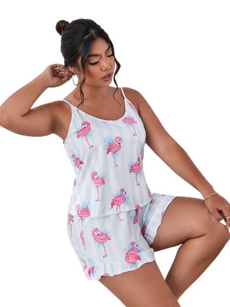 

plus flamingo & striped print ruffle hem pj set k8j4#, Black;white
