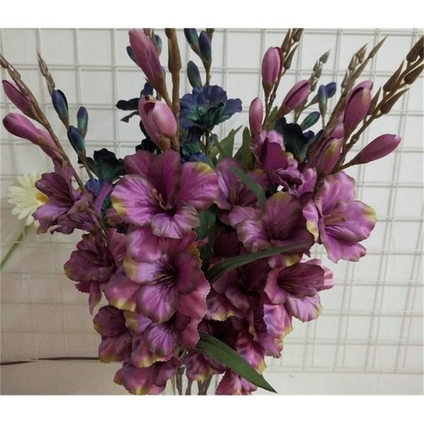 7 teste Gladiolo artificiale fiore pianta di seta autunno spada orchidea decorazione matrimonio fiori finti tavolo festa di Natale Y201020