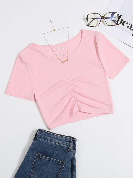 

solid ribbed knit ruched tee h1hp#, White