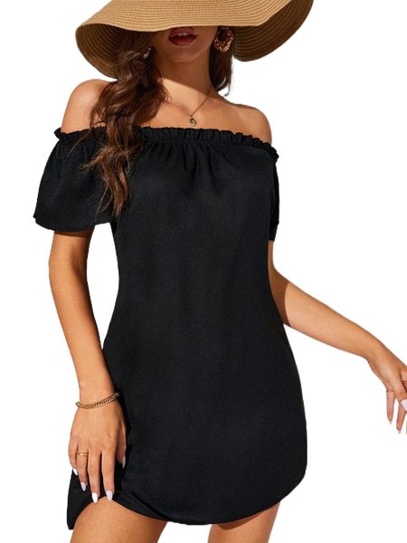 

tall off shoulder frill trim dress s2tx#, Black;gray