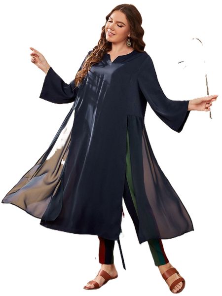 

plus split hem tunic & striped wide leg pants set 04p5#, Black