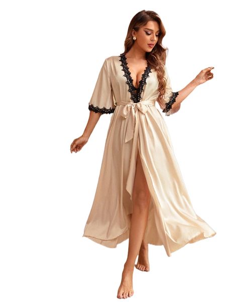 

contrast lace belted lounge robe s0wi#, Black;red