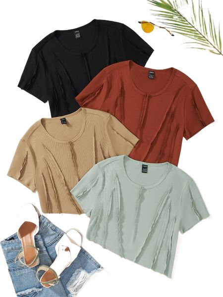 

4pcs seam detail asymmetrical hem tee x5d2#, White